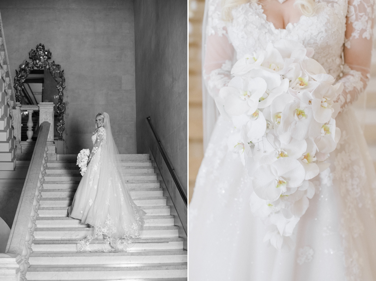 Plaza Hotel Wedding NYC Luxury Royal Wedding Bride Bridal Portraits Crown Happy Bright Staircase Bouquet White Orchids