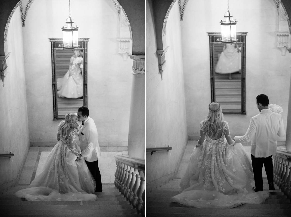 Plaza Hotel Wedding NYC Luxury Royal Wedding Bride and groom grand marble staircase black and white
