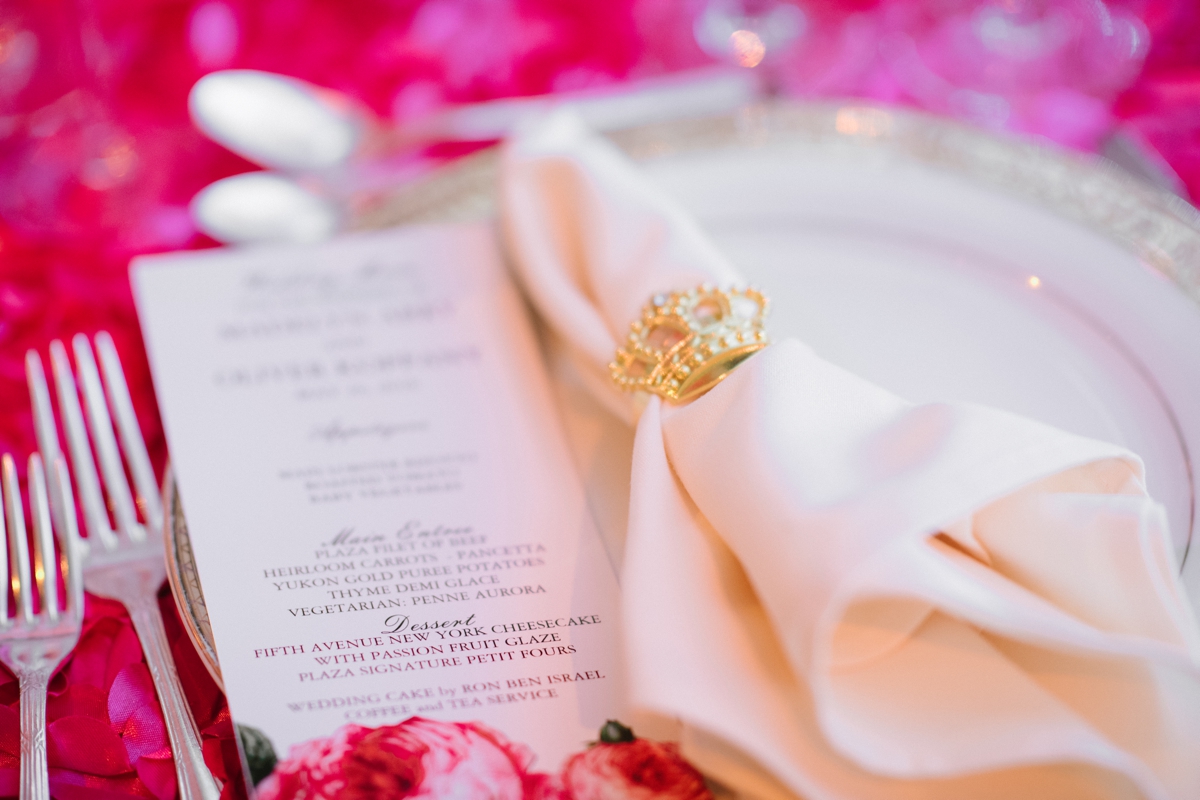 Plaza Hotel Wedding NYC Luxury Royal Wedding Bride Pink Petals Dinner Menu Chic Elegant 