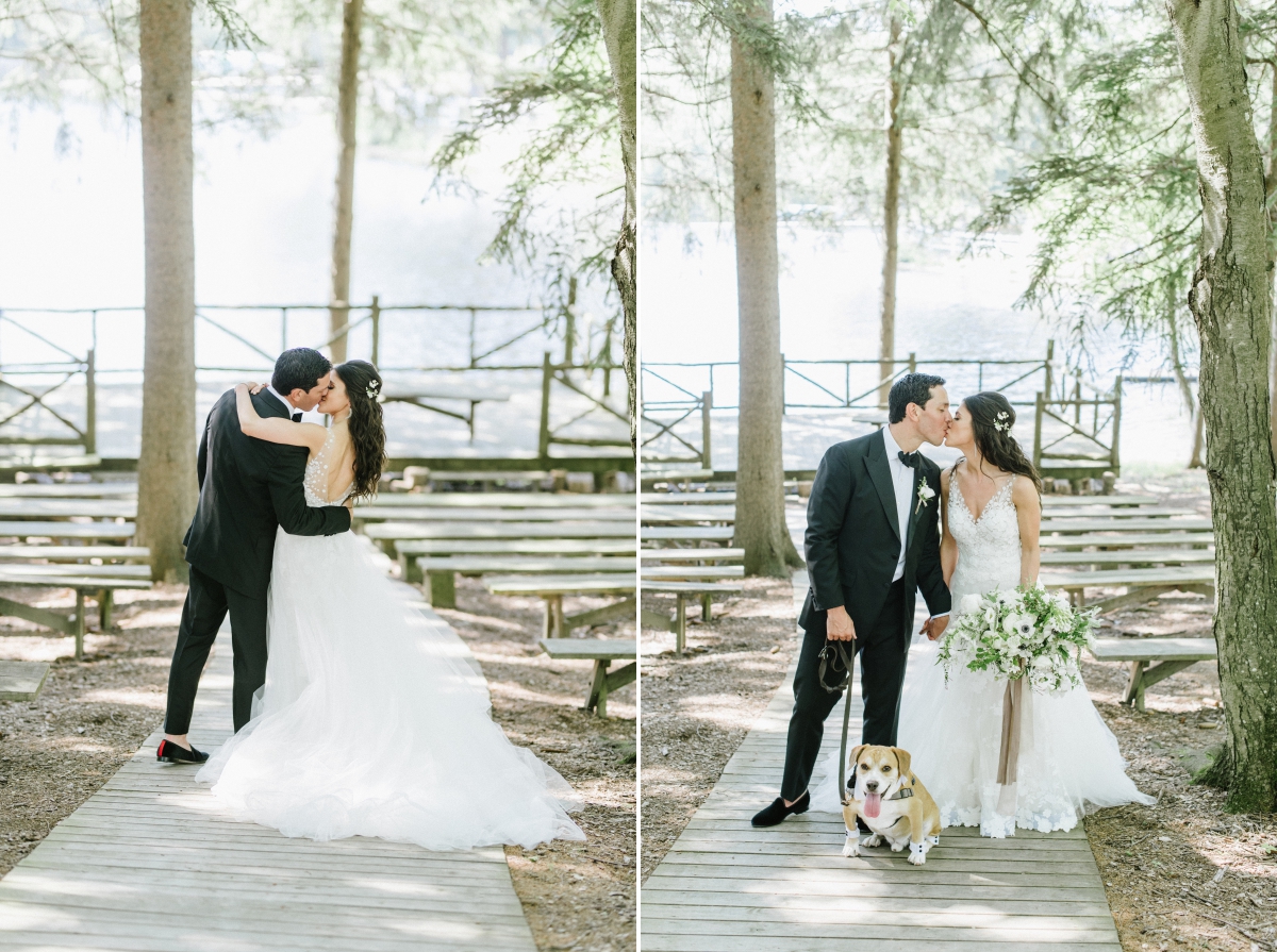 Cedar Lakes Estate Summer Wedding Port Jervis NY Camp Inspired Wood Forest Trees Greenery Just married Golf Cart happy love golden light bright kiss lake first look waterfront happy candid holding hands dock dog kiss cute bride groom