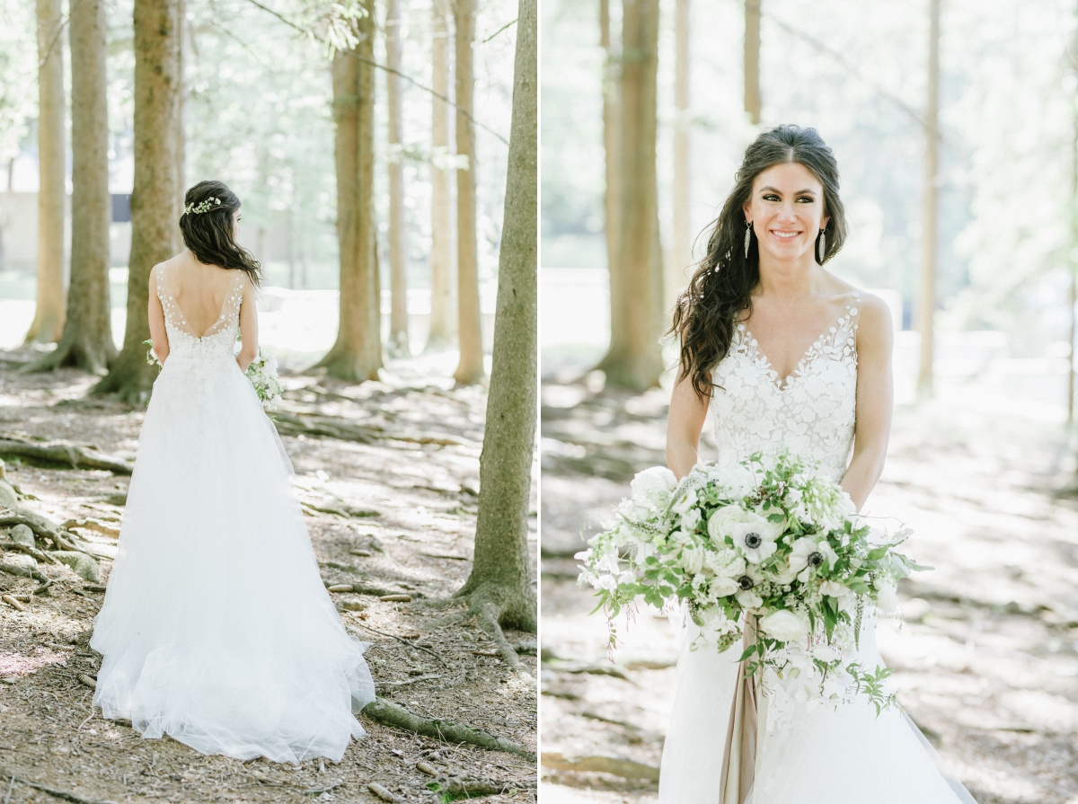 Cedar Lakes Estate Summer Wedding Port Jervis NY Camp Inspired Wood Forest Trees Greenery Just married Golf Cart happy love golden light bright kiss lake first look waterfront happy candid bride portrait boho bouquet