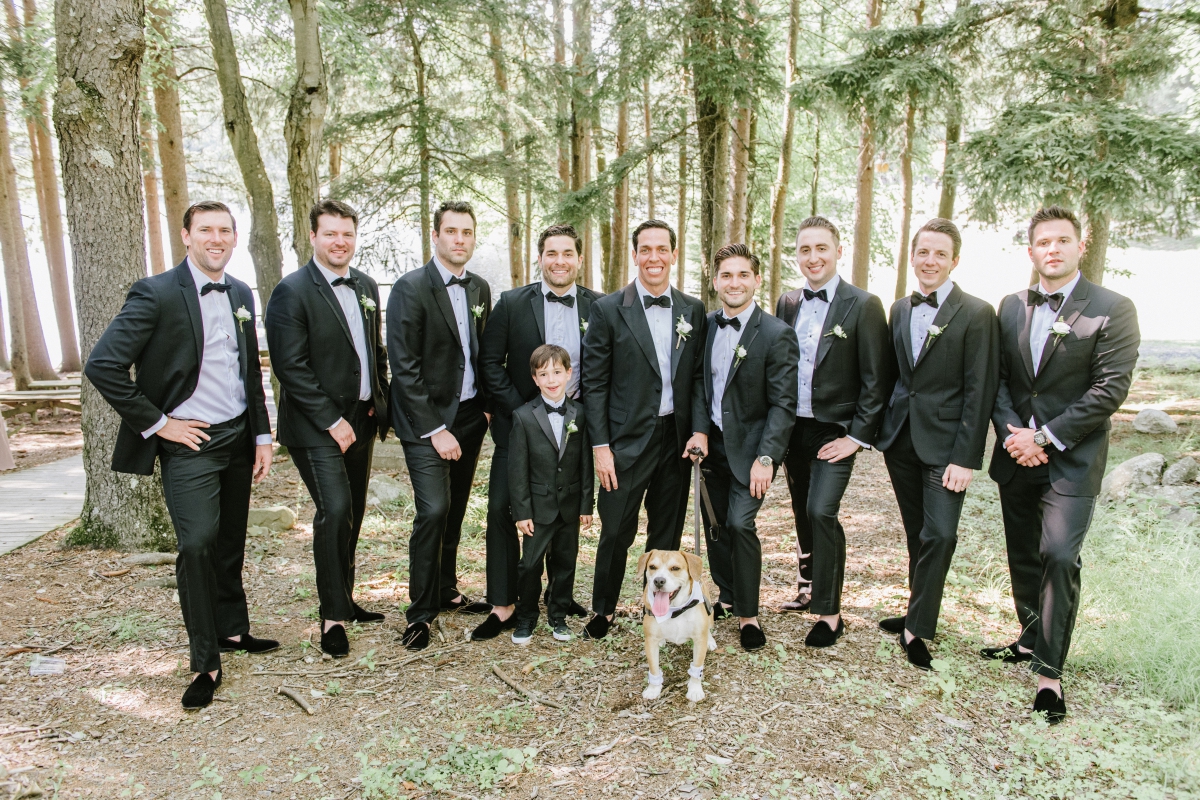 Cedar Lakes Estate Summer Wedding Port Jervis NY Camp Inspired Wood Forest Trees Greenery Just married Golf Cart happy love golden light bright lake dog groom groomsmen tux bowtie trees