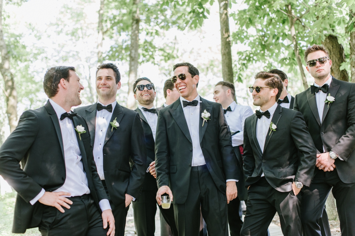 Cedar Lakes Estate Summer Wedding Port Jervis NY Camp Inspired Wood Forest Trees Greenery Just married Golf Cart happy love golden light bright lake dog groom groomsmen tux bowtie trees sunglasses casual