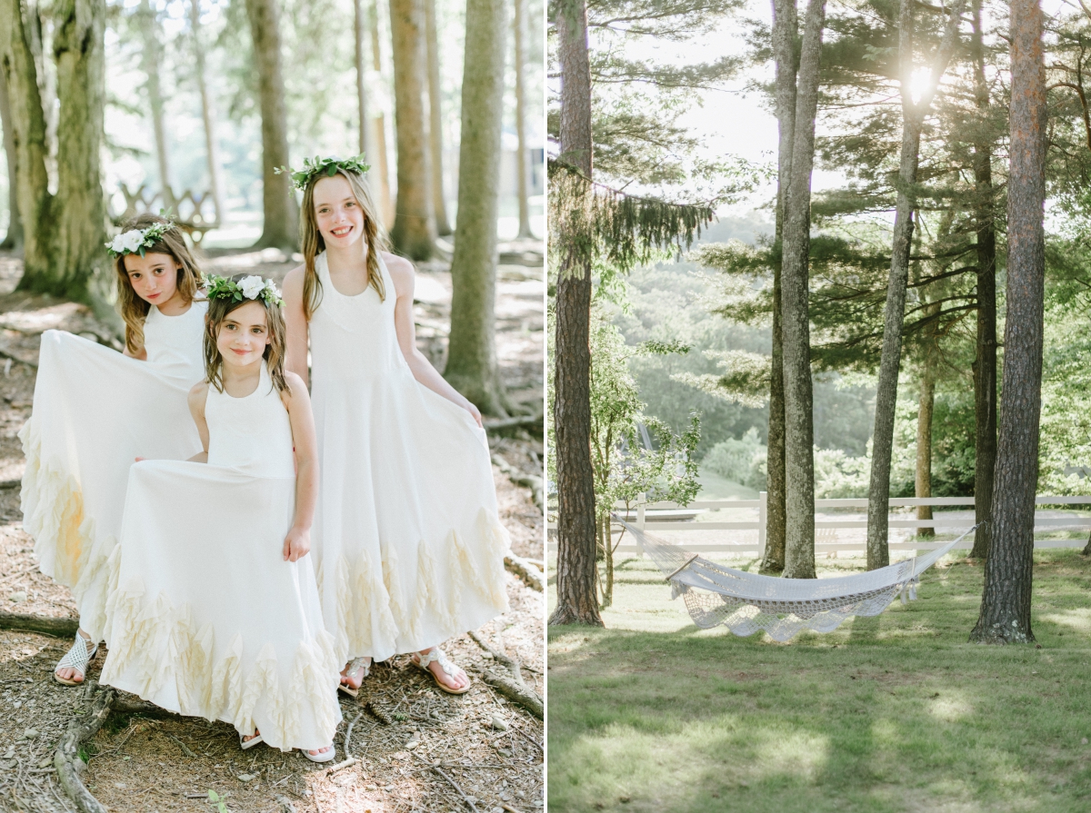 Cedar Lakes Estate Summer Wedding Port Jervis NY Camp Inspired Wood Forest Trees Greenery Just married Golf Cart happy love golden light bright kiss lake first look waterfront happy candid bride portrait boho hammock junior bridesmaids flower crowns