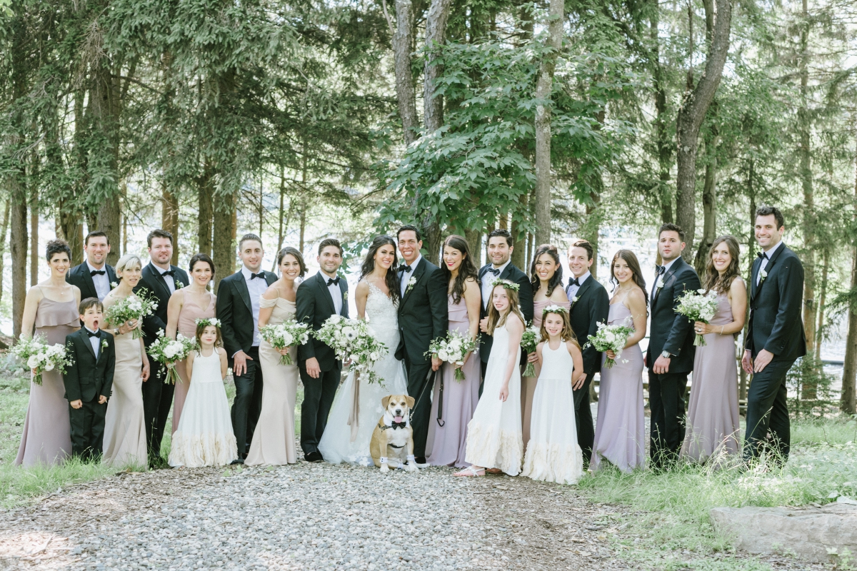 Cedar Lakes Estate Summer Wedding Port Jervis NY Camp Inspired Wood Forest Trees Greenery Just married Golf Cart happy love golden light bright lake details faye and renee flowers florals rustic barn bride bridal bouquet bridal party bridesmaids fun laughter blush tones groomsmen bridal party dog