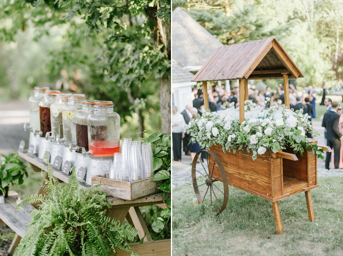 Cedar Lakes Estate Summer Wedding Port Jervis NY Camp Inspired Wood Forest Trees Greenery Just married Golf Cart happy love golden light bright lake details faye and renee flowers florals rustic barn escort cards creative drinks refreshments 