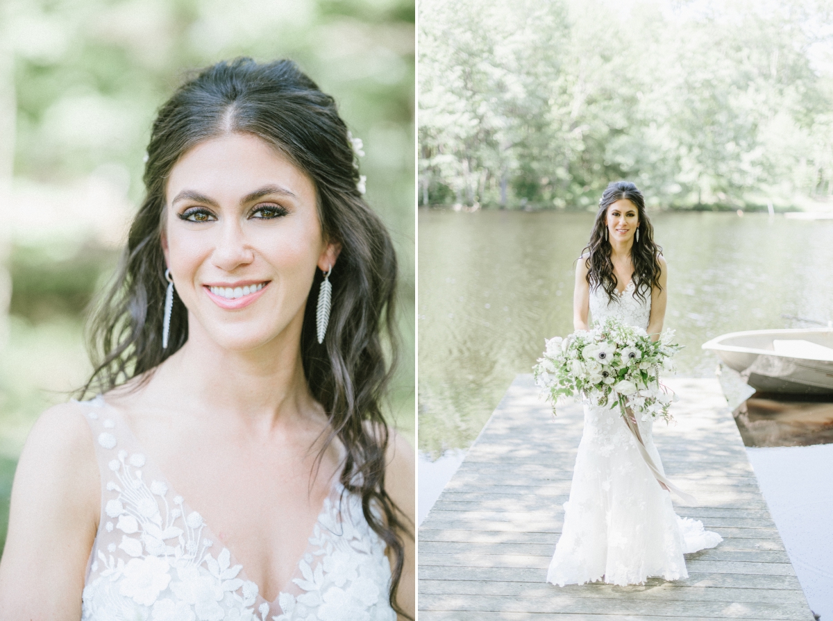 Cedar Lakes Estate Summer Wedding Port Jervis NY Camp Inspired Wood Forest Trees Greenery Just married Golf Cart happy love golden light bright lake details faye and renee flowers florals rustic barn bride bridal bouquet details portrait happy smiling close up