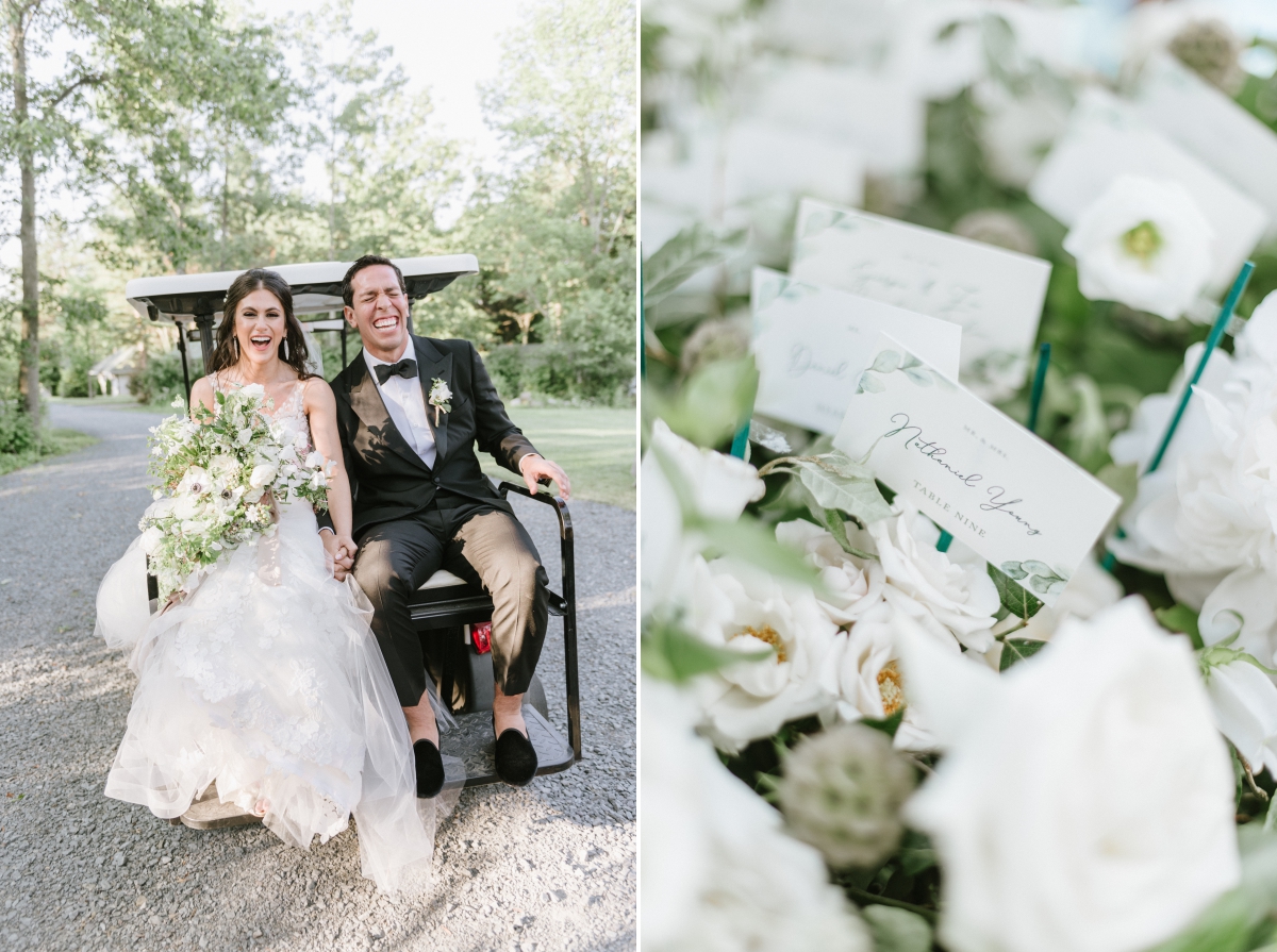 Cedar Lakes Estate Summer Wedding Port Jervis NY Camp Inspired Wood Forest Trees Greenery Just married Golf Cart happy love escort card details