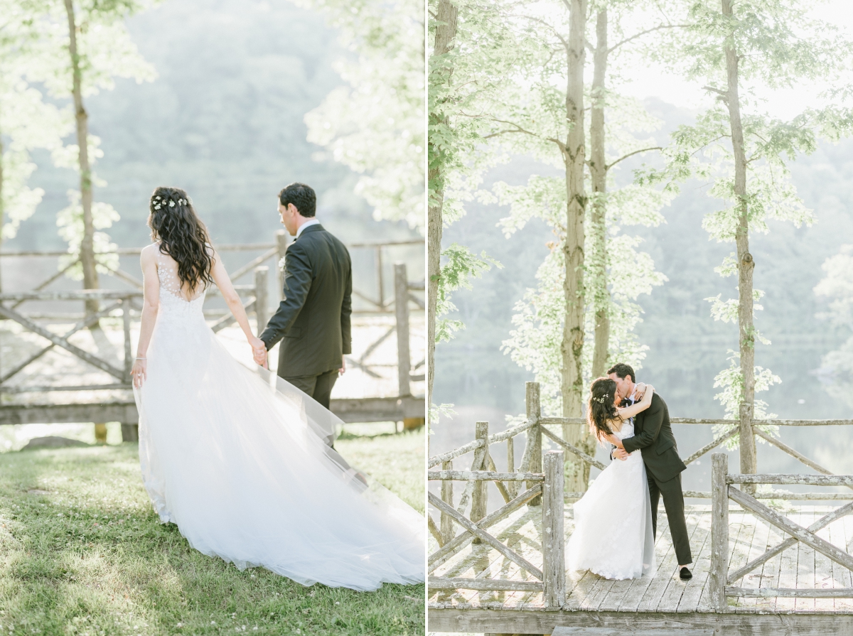 Cedar Lakes Estate Summer Wedding Port Jervis NY Camp Inspired Wood Forest Trees Greenery Just married Golf Cart happy love golden light bright kiss lake 