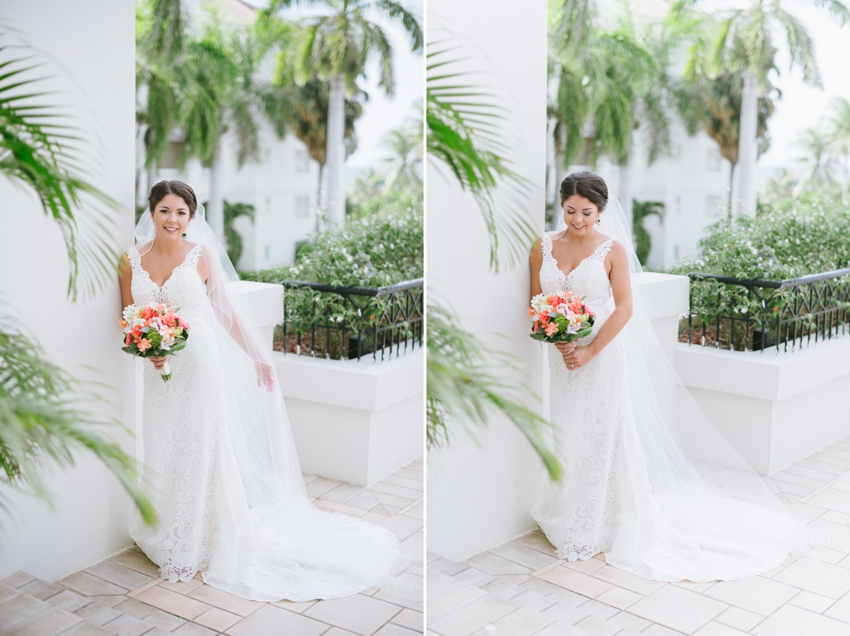 Jamaican Destination Wedding Island Resort sunshine portraits palm trees beach bride bridal bouquet coral flowers full length