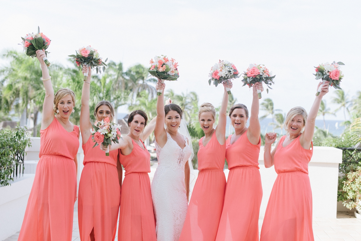 Jamaican Destination Wedding Island Resort sunshine bridemaids cheers cute coral dresses