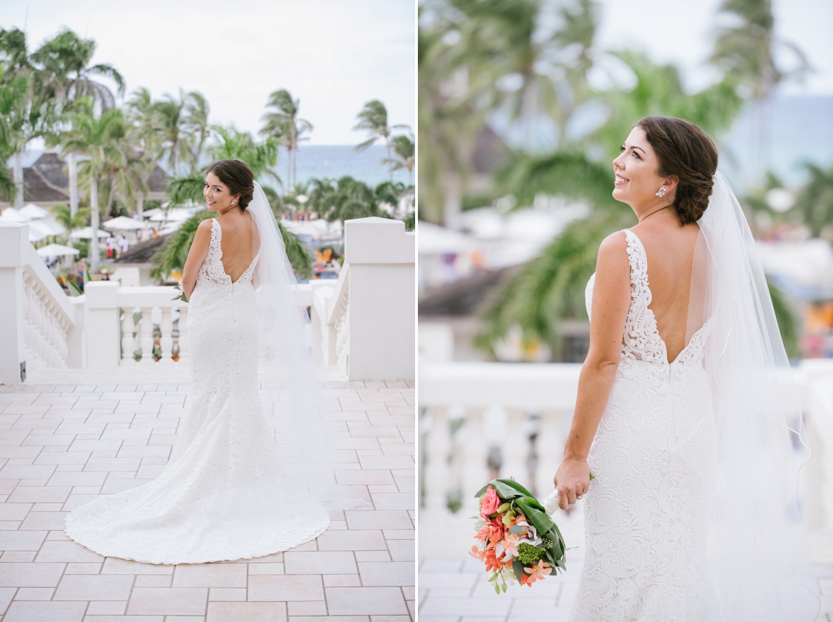 Jamaican Destination Wedding Island Resort sunshine portraits palm trees beach bride bridal bouquet coral flowers full length