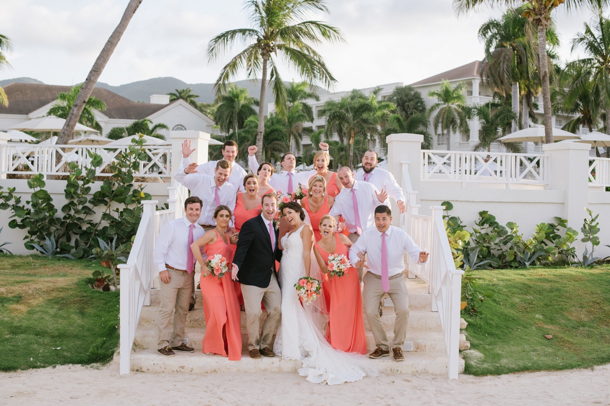 Jamaican Destination Wedding Island Resort sunshine portraits palm trees beach Caribbean bride and groom scenic bridal party