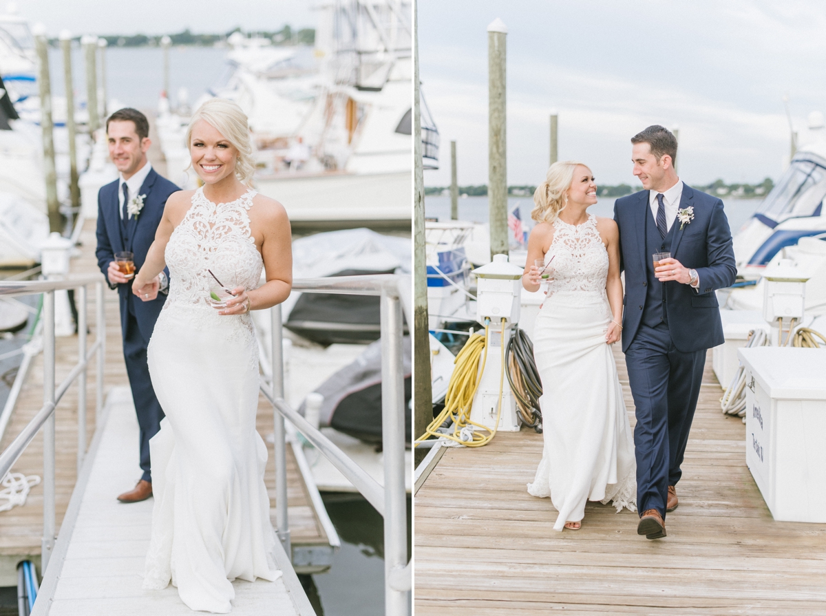 Oyster Point Hotel NJ Wedding Red Bank Nautical Dusty Rose Navy Blue Jersey Shore Classic Modern Clean bride groom candid portrait laughing dock water bay ocean boats