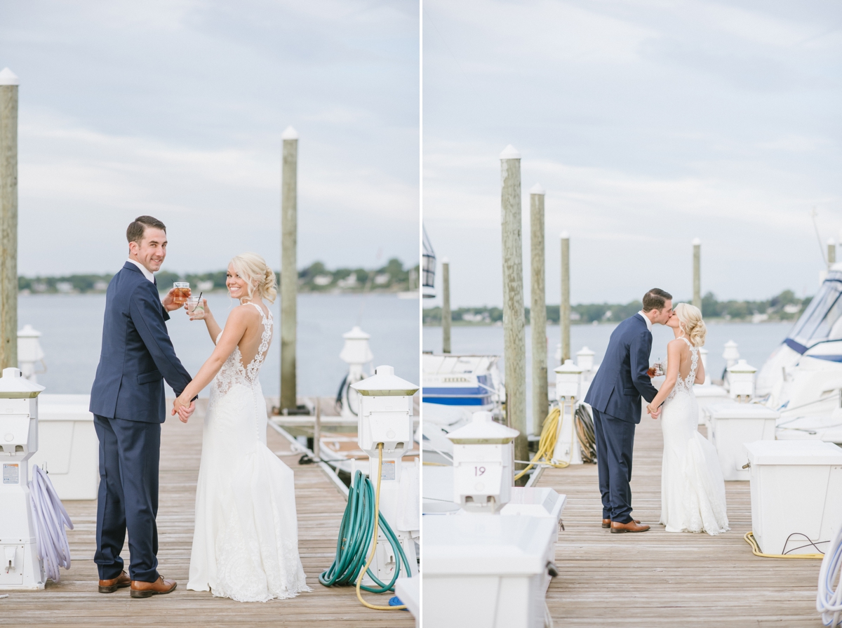 Oyster Point Hotel NJ Wedding Red Bank Nautical Dusty Rose Navy Blue Jersey Shore Classic Modern Clean bride groom candid portrait laughing dock water bay ocean kiss cute