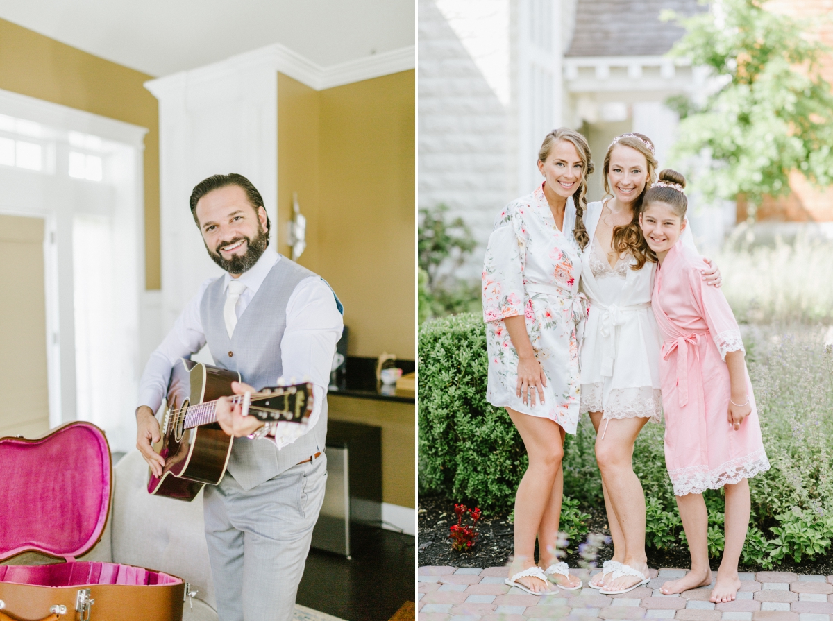 The Ryland Inn Whimsical Wedding July Summer Whitehouse Station NJ details bridal prep hanging chair modern clean white junior bridesmaid maid of honor groom guitar candid
