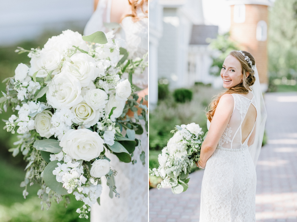 The Ryland Inn Whimsical Wedding July Summer Whitehouse Station NJ details bridal prep hanging chair modern clean white happy candid laughing bridal portrait florals flowers bouquet