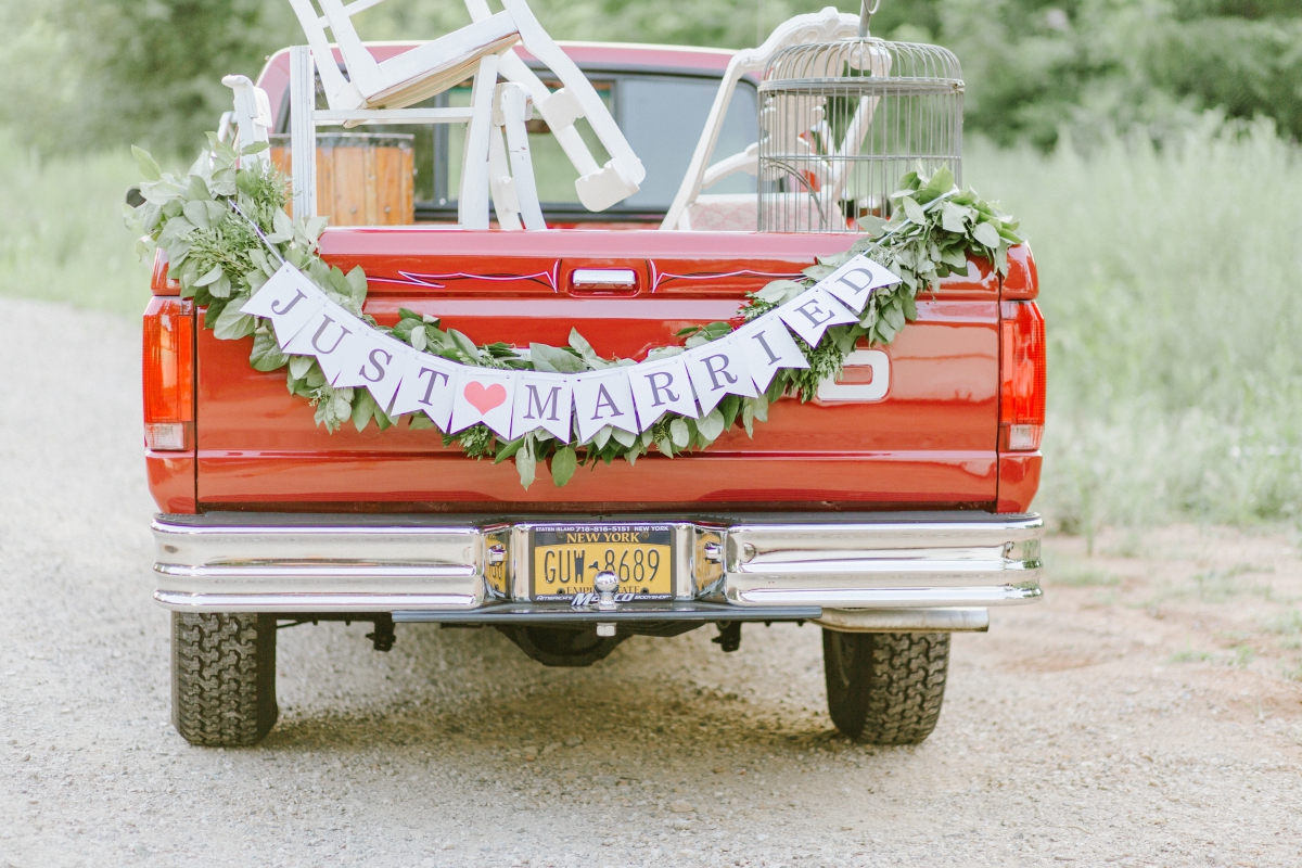 The Ryland Inn Whimsical Wedding July Summer Whitehouse Station NJ Red Truck Car Sunset just married props antiques