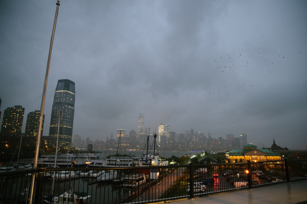 Dramatic Clouds Rainy Day Skyline Raindrops Hudson at Maritime Parc Jewish Wedding Jersey City Creative