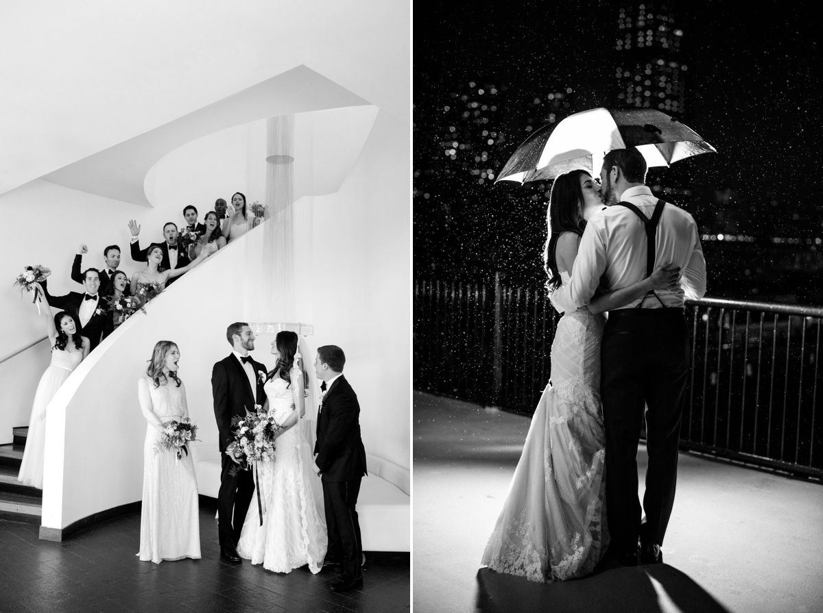 Bridal Party Black and White Interior staircase Bride groom under umbrella night rain shot portraits happy Hudson at Maritime Parc Jewish Wedding Jersey City