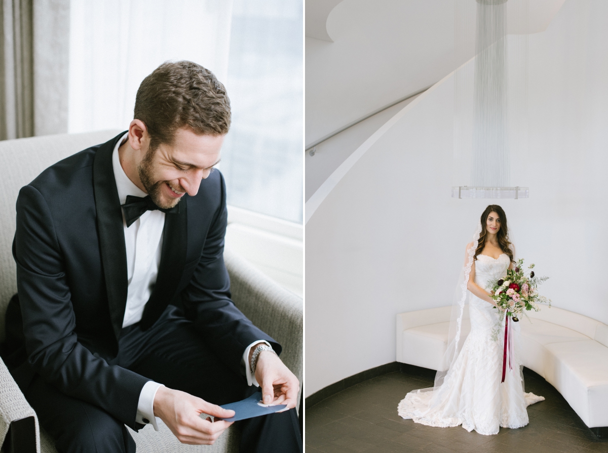 Bride groom alone portraits reading card Bouquets burgundy blushes rose flowers Hudson at Maritime Parc Jewish Wedding Jersey City