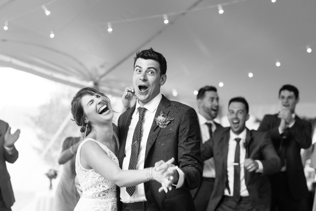 Laughing Black and White Dancing Reception Happy Candid Rhode Island Wedding Destination Newport New England Mount Hope Farm Summer Summertime Centerpieces