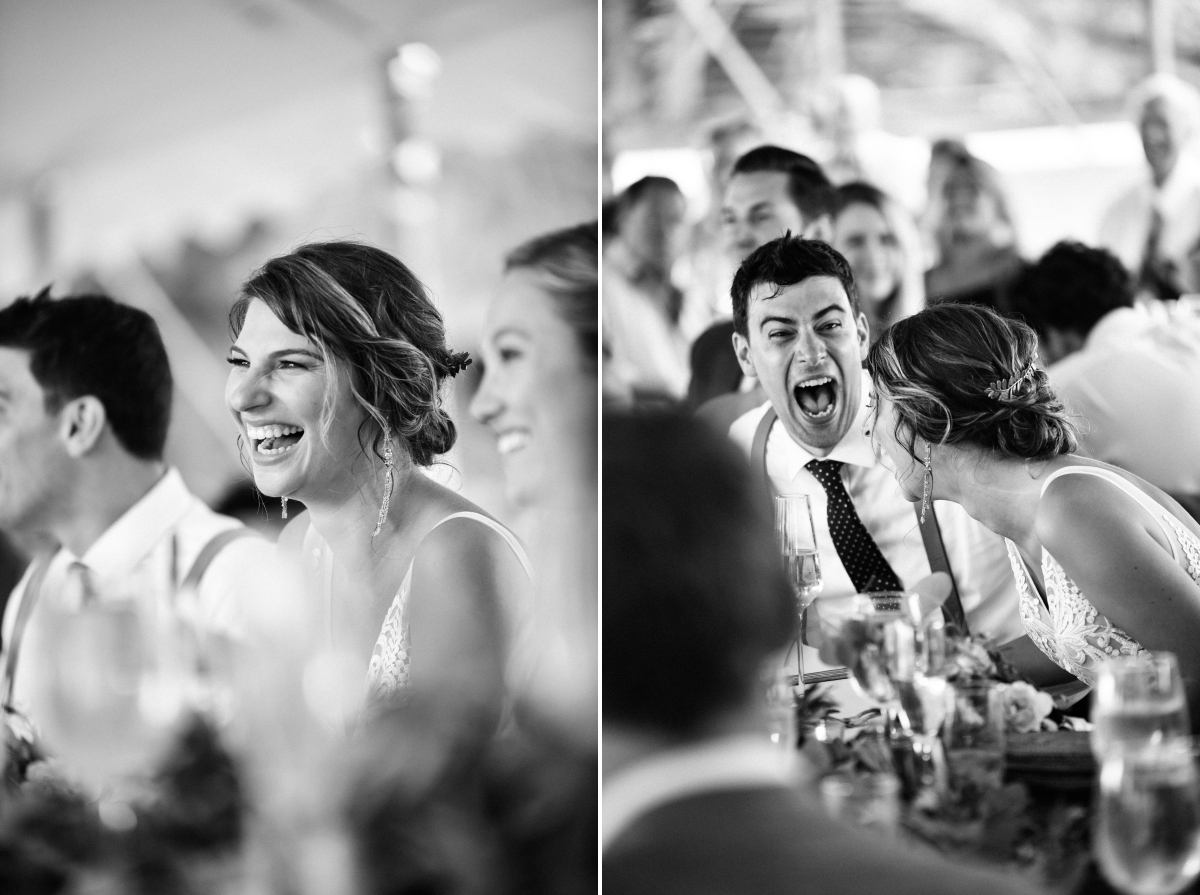 Toasts Speeches Reactions Laughing Black and White Dancing Reception Happy Candid Rhode Island Wedding Destination Newport New England Mount Hope Farm Summer Summertime Centerpieces