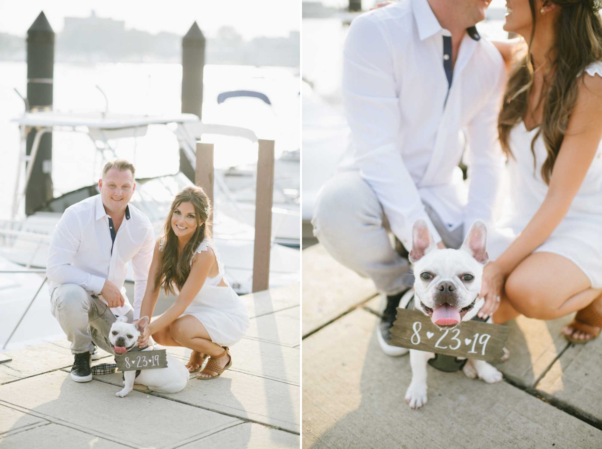 Save the Date Funny Cute Dog Kiss Happy Couple Dock Sunset golden hour magic hour Happy Candid Smiling Red Bank NJ Summer Engagement Session Water Row boat Water Ocean Bay Jersey Shore