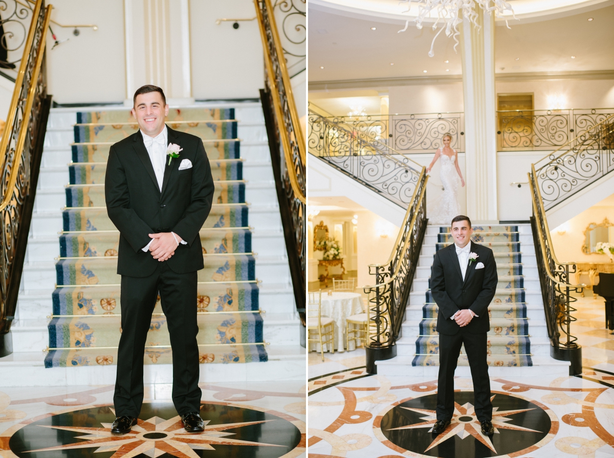 The Grove NJ Elegant Wedding Classic Glam Black White Gold Pink Color Scheme Black Tie New Jersey Love Bride Groom Marble Staircase First look