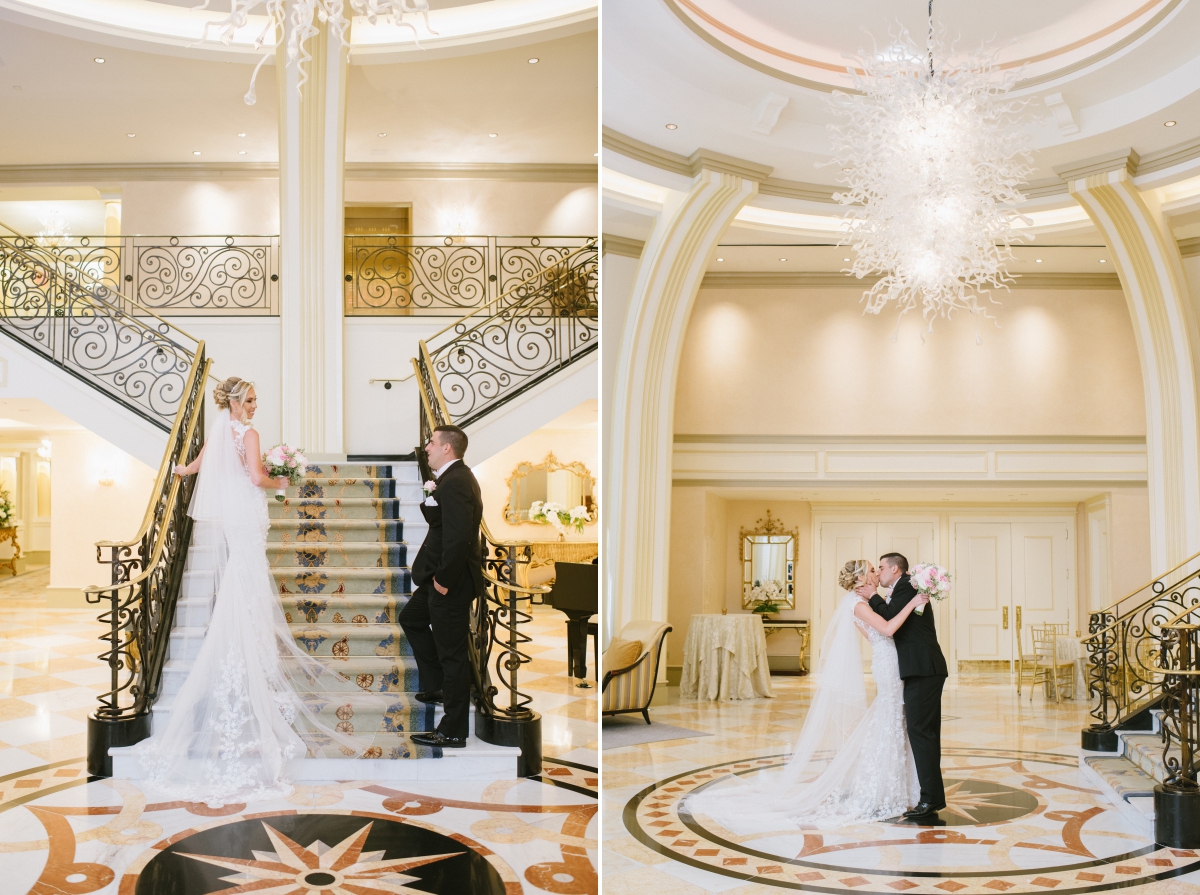 The Grove NJ Elegant Wedding Classic Glam Black White Gold Pink Color Scheme Black Tie New Jersey Love Bride Groom Marble Staircase