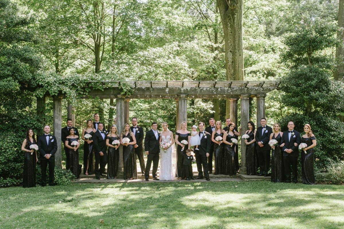 The Grove NJ Elegant Wedding Classic Glam Black White Gold Pink Color Scheme Black Tie New Jersey Love Bride Groom Marble Staircase husband and wife van vleck gardens fun cute portraits bridal party