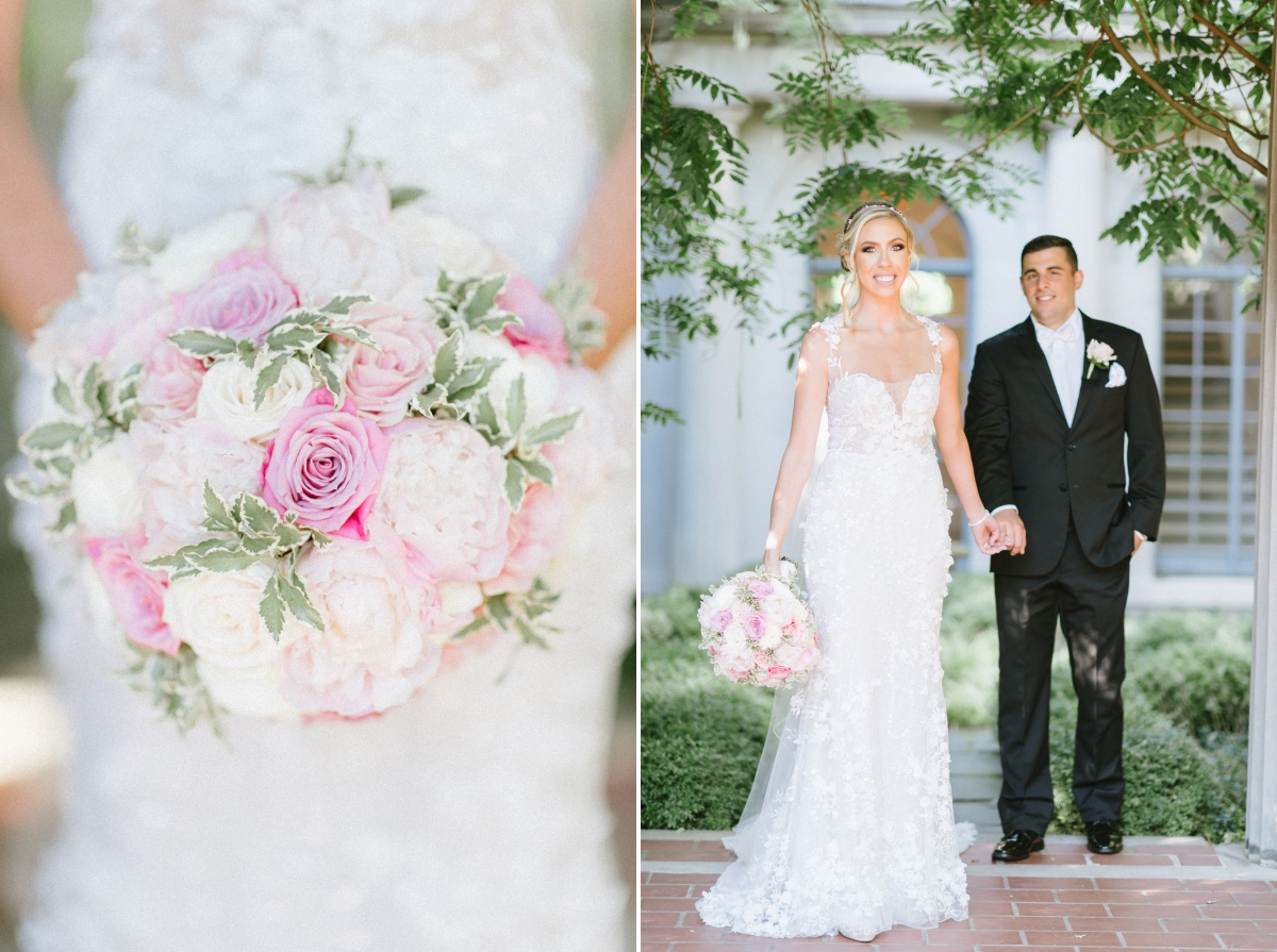 The Grove NJ Elegant Wedding Classic Glam Black White Gold Pink Color Scheme Black Tie New Jersey Love Bride Groom Marble Staircase husband and wife van vleck gardens bouquet flowers floral