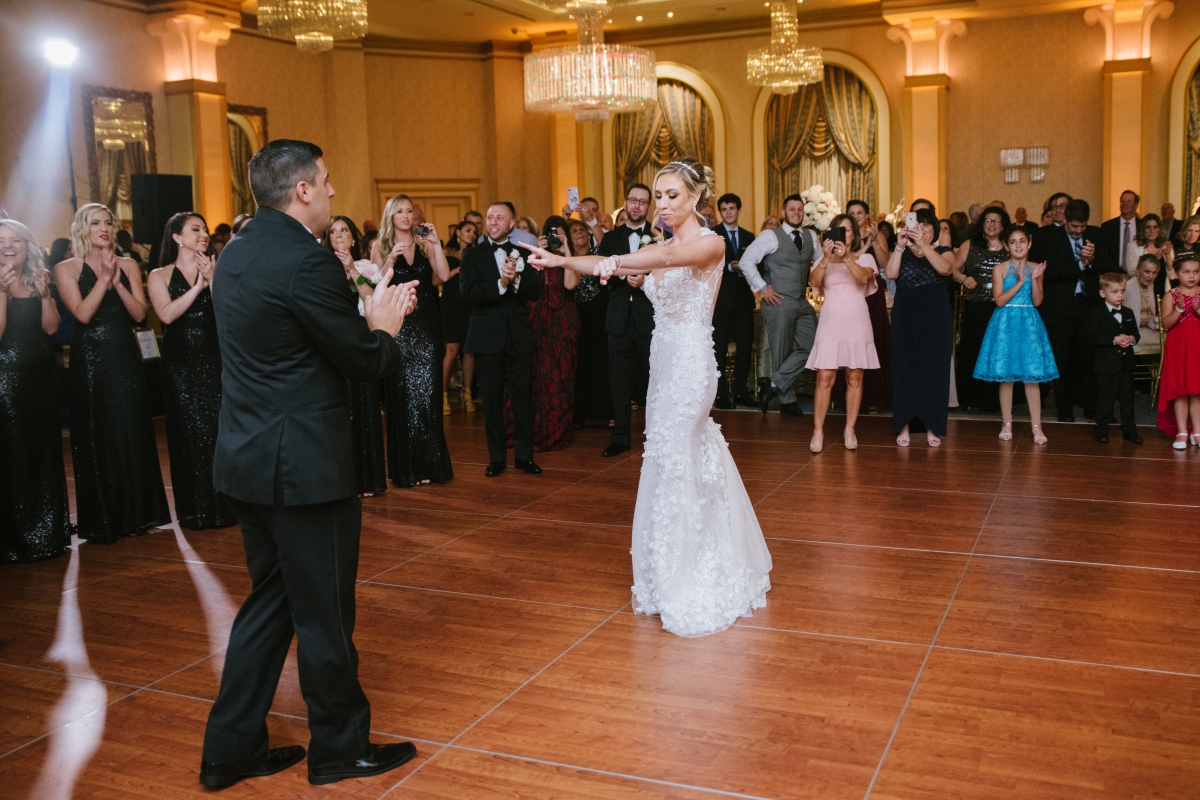 The Grove NJ Elegant Wedding Classic Glam Black White Gold Pink Color Scheme Black Tie New Jersey Love Bride Groom Marble Staircase reception dancing fun candid first dance