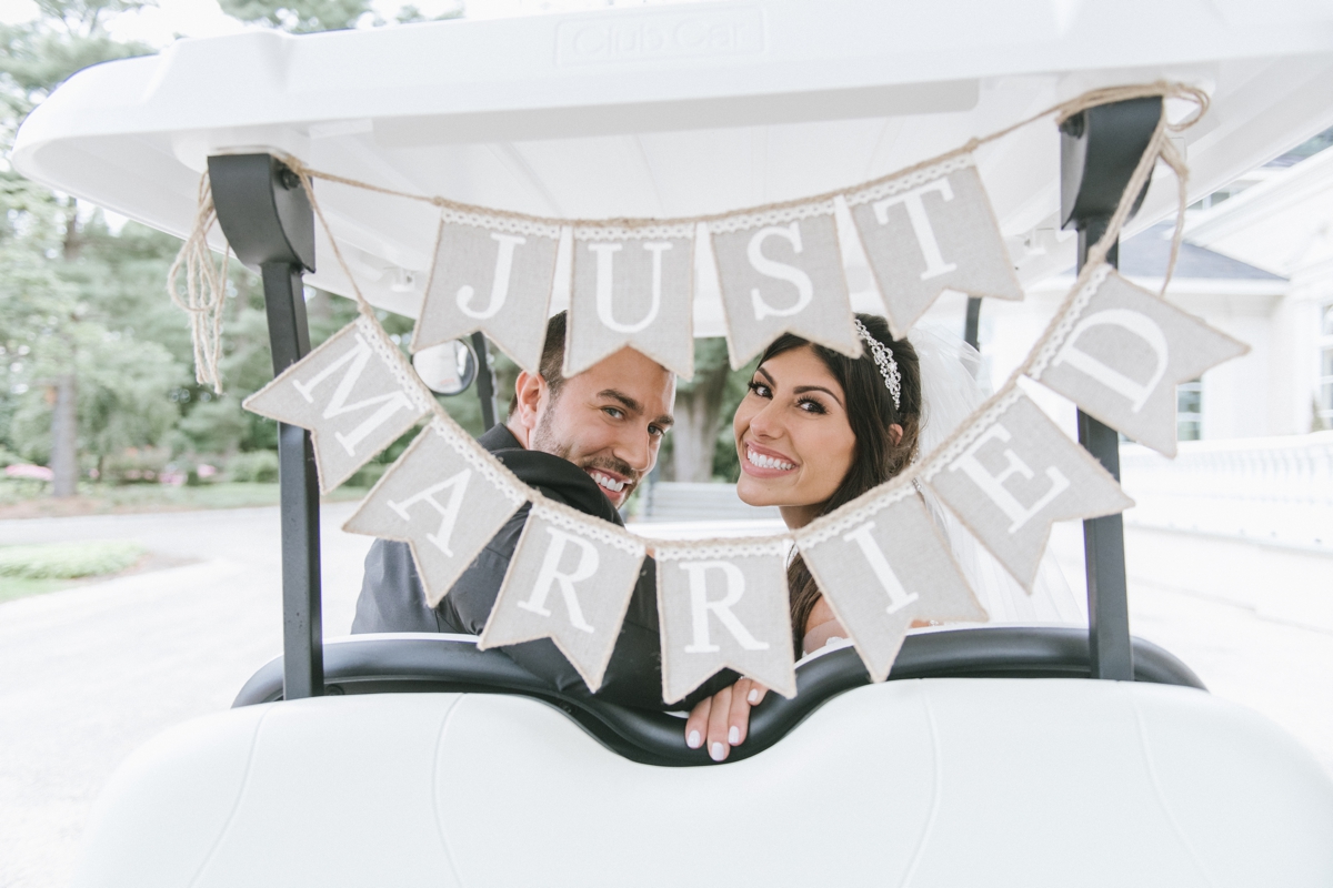 just married golf cart candid smiling bride and groom bridal party silly fun ashford estate timeless wedding classic nj new jersey allentown love 