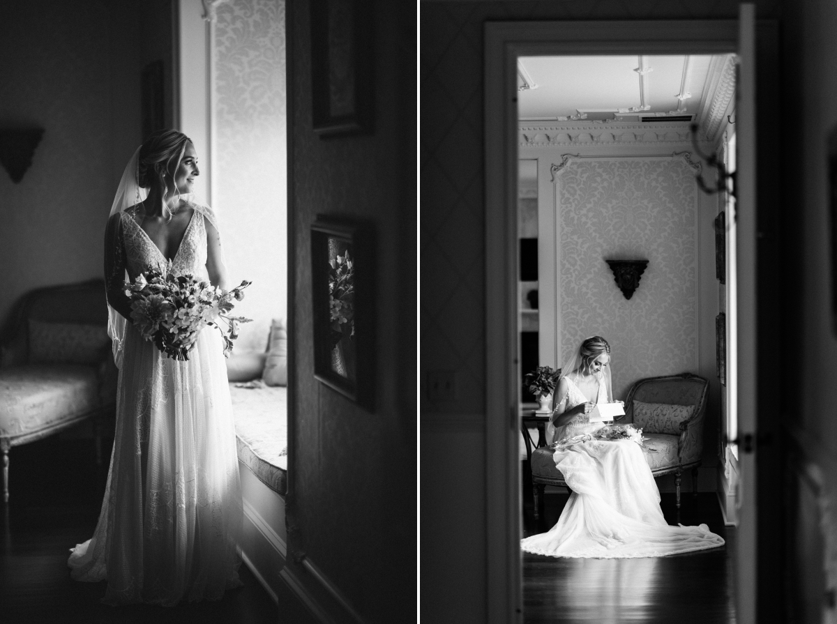 Black and White Bouquet Reading Letter natural window light dramatic Grand Elegant Classic Garden Theme Weddings of Distinction Merrimaker Caterers Ashford Estate Summer Wedding by Gilded Lilly Events