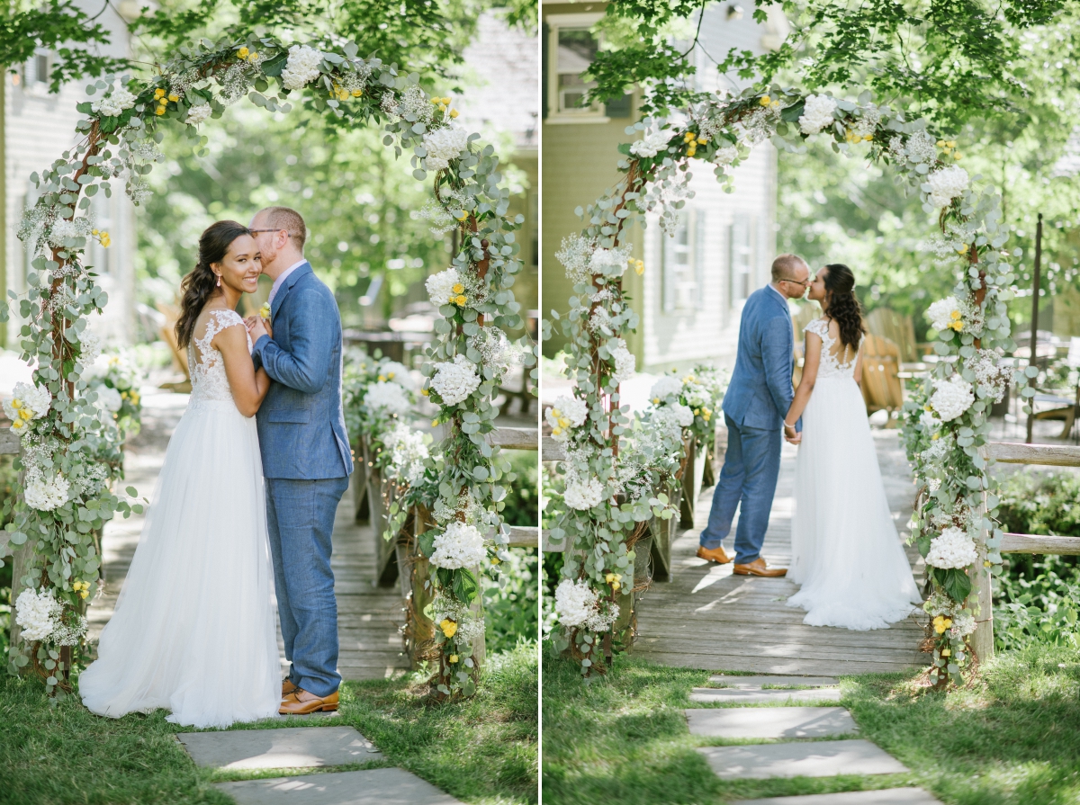 Flower archway trellis Inn at Millrace Pond New Jersey Rustic Intimate Summer Wedding Yellow Flowers Bouquet Happy Candids Bride and Groom