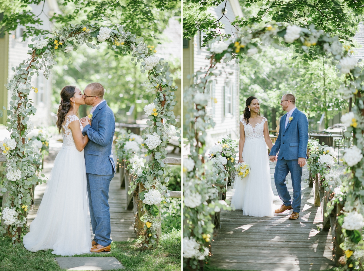 Sunny day sunshine Flower trellis archway Inn at Millrace Pond New Jersey Rustic Intimate Summer Wedding Yellow Flowers Bouquet Happy Candids Bride and Groom