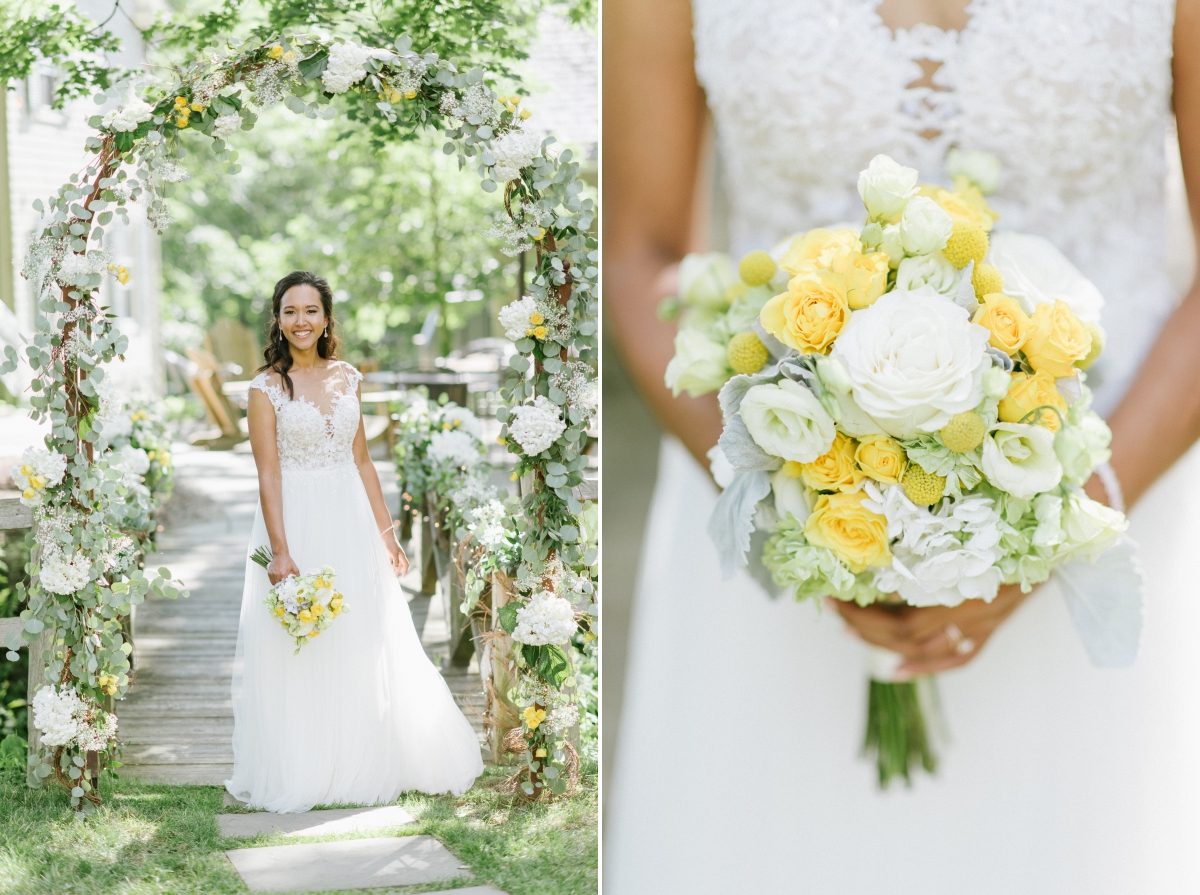 Happy bride bridal portrait yellow flower bouquet Sunny day sunshine Flower trellis archway Inn at Millrace Pond New Jersey Rustic Intimate Summer Wedding Yellow Flowers Bouquet Happy Candids