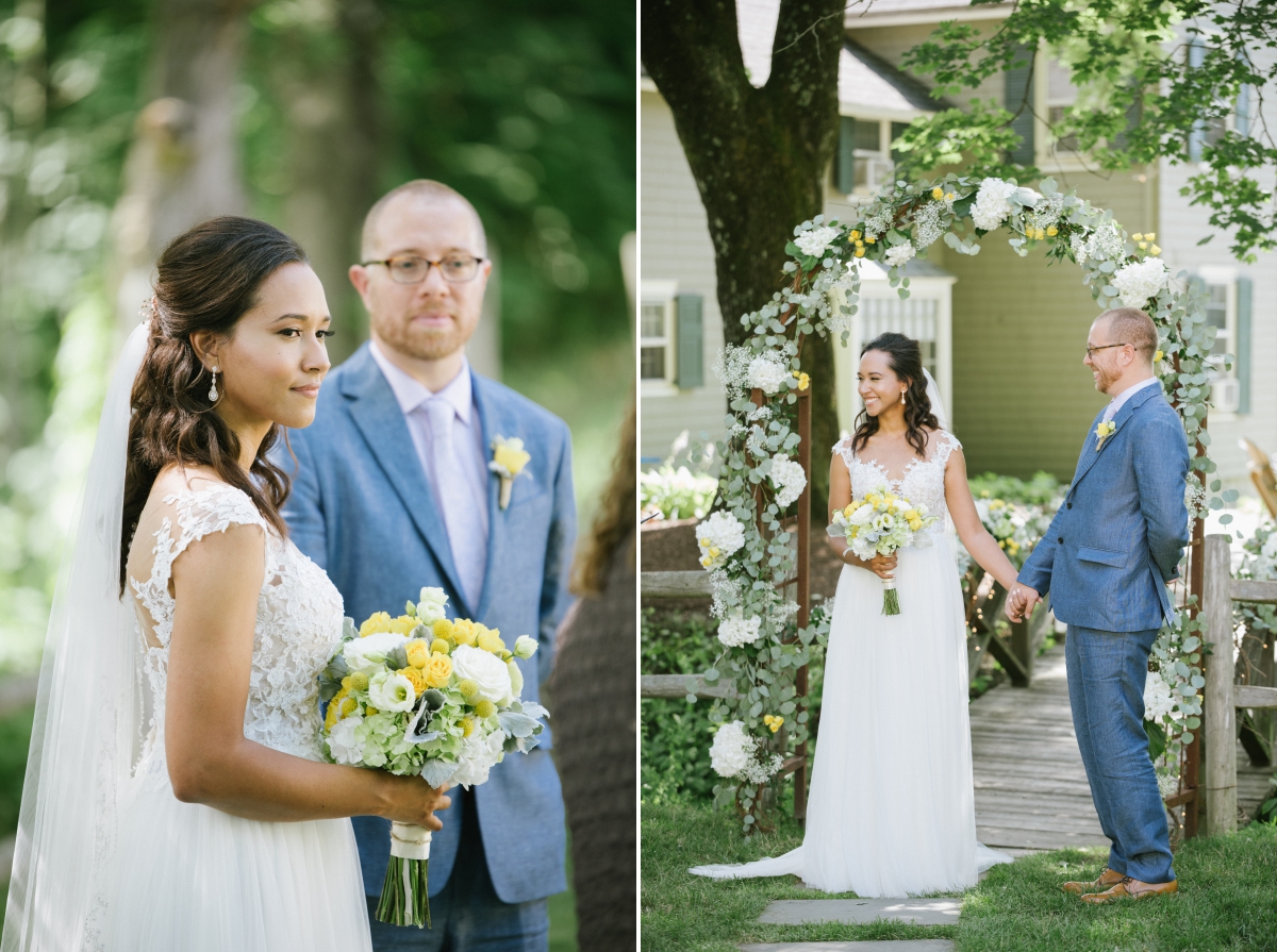 Sunny day sunshine ceremony Flower trellis archway Inn at Millrace Pond New Jersey Rustic Intimate Summer Wedding Yellow Flowers Bouquet Happy Candids Bride and Groom