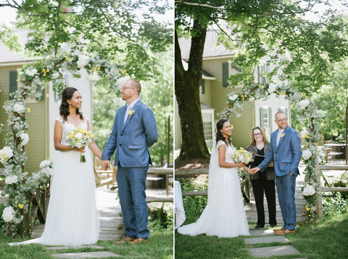 Sunny day sunshine Flower trellis archway Inn at Millrace Pond New Jersey Rustic Intimate Summer Wedding Yellow Flowers Bouquet Happy Candids Bride and Groom