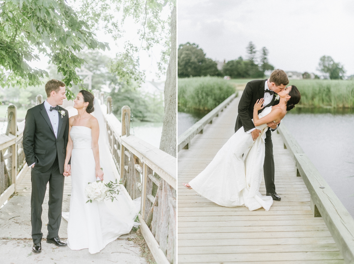 Manasquan River Golf Club Spring Lake NJ St. Catherine's Church Timeless Classic Wedding bride and groom kiss bridge 