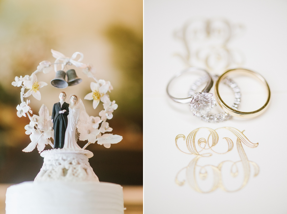 rings details monograms cake topper bride and groom Manasquan River Golf Club Spring Lake NJ St. Catherine's Church Timeless Classic Wedding