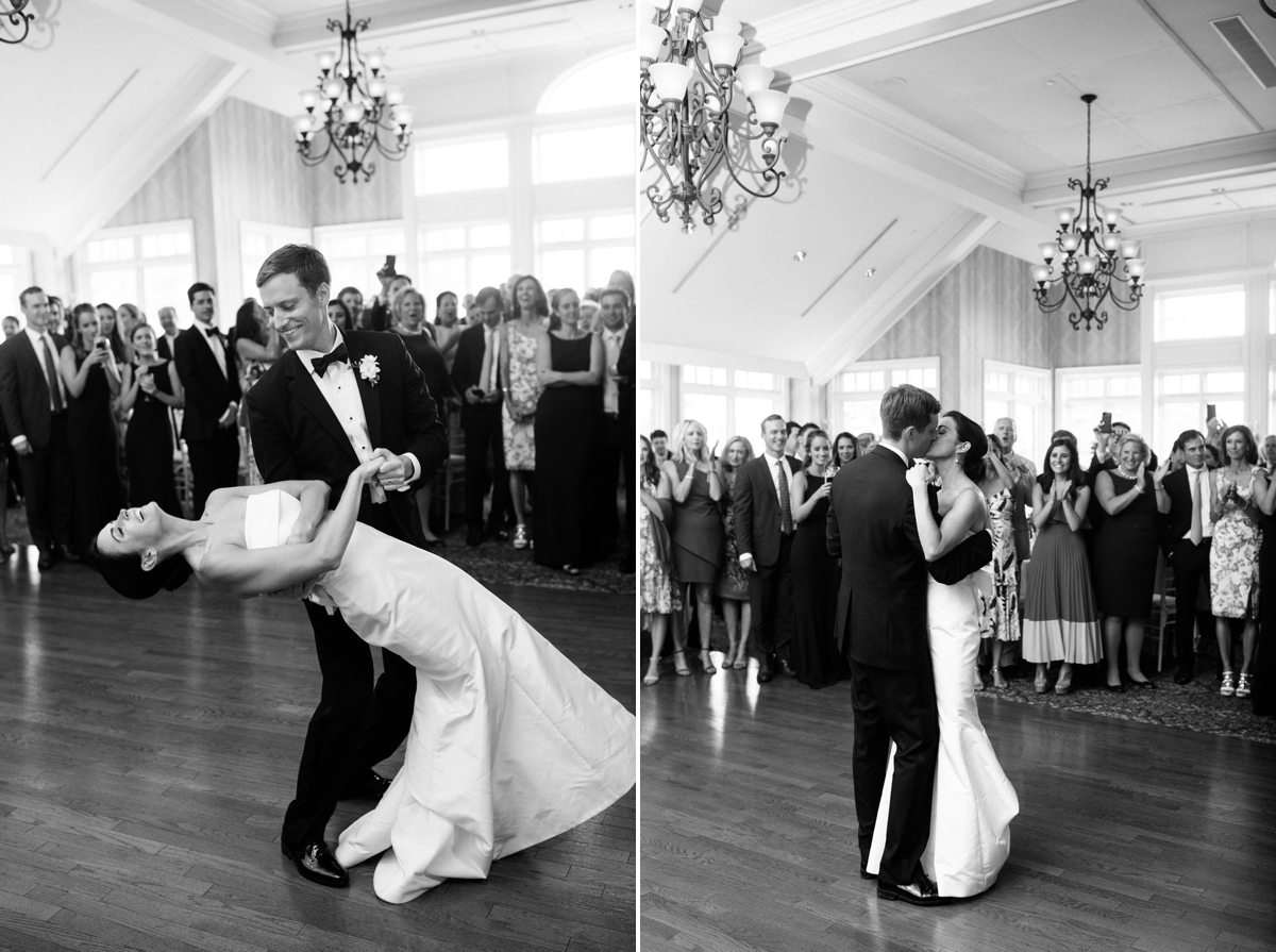 black and white bride and groom first dance kiss dip Manasquan River Golf Club Spring Lake NJ St. Catherine's Church Timeless Classic Wedding