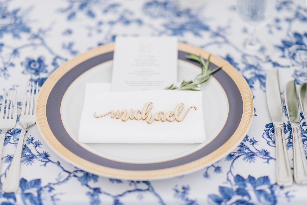 blue and white color scheme details dinner plates table The Chanler at Cliff Walk Newport Rhode Island New England Elegant Destination Wedding on the coast same sex couple lgbtq love is love gay couple love wins