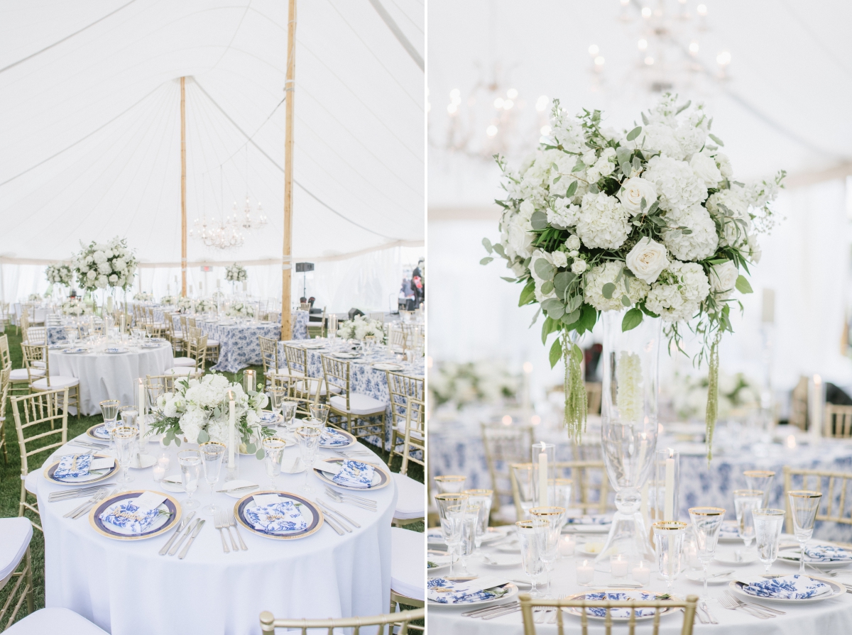 white floral flowers centerpieces blue and white color scheme tented wedding The Chanler at Cliff Walk Newport Rhode Island New England Elegant Destination Wedding on the coast same sex couple lgbtq love is love gay couple love wins