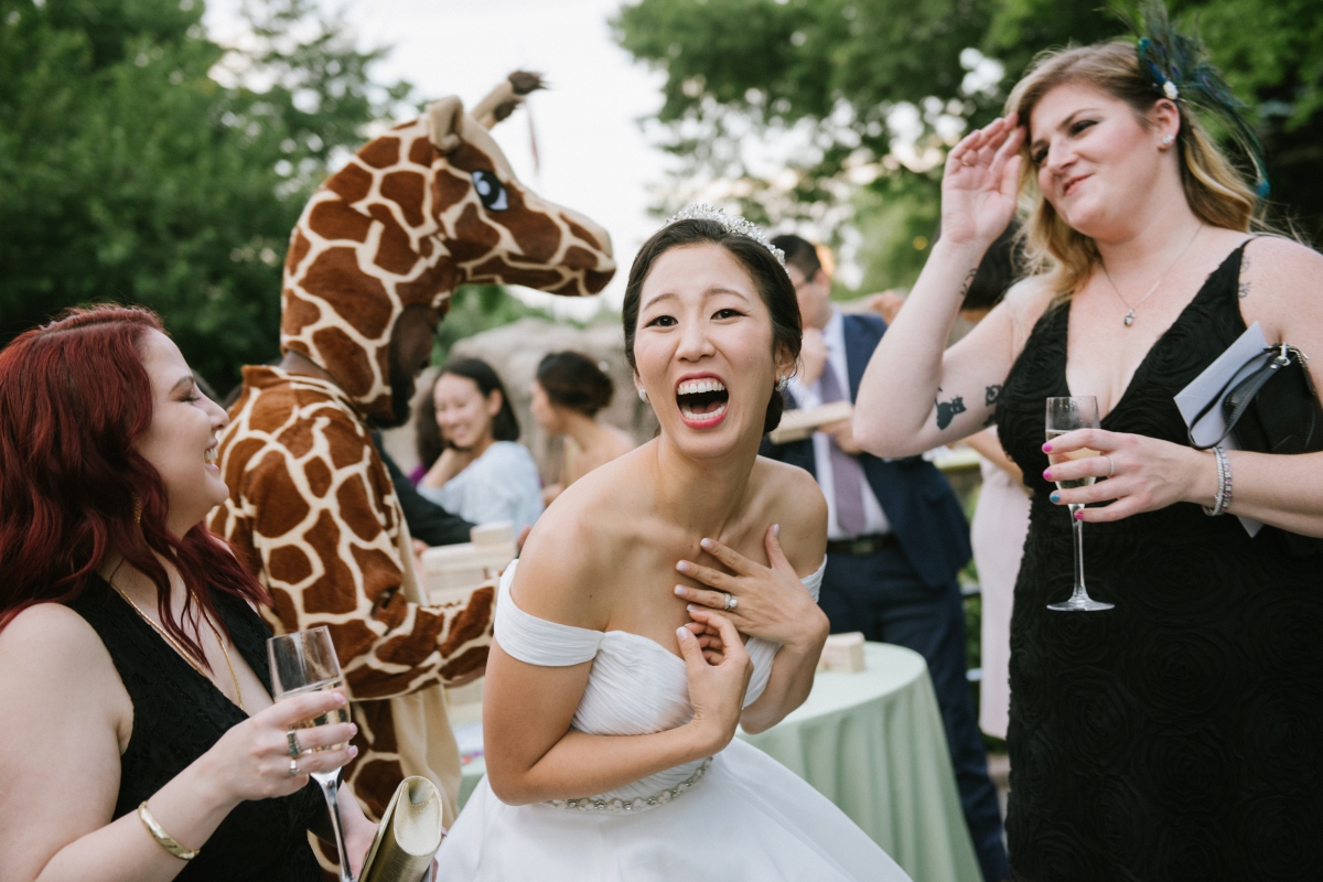 candid bride costume flora and fauna Bronx Zoo Wedding Animal Lovers Keystone Endangered Species Environmentalists No Waste Wedding