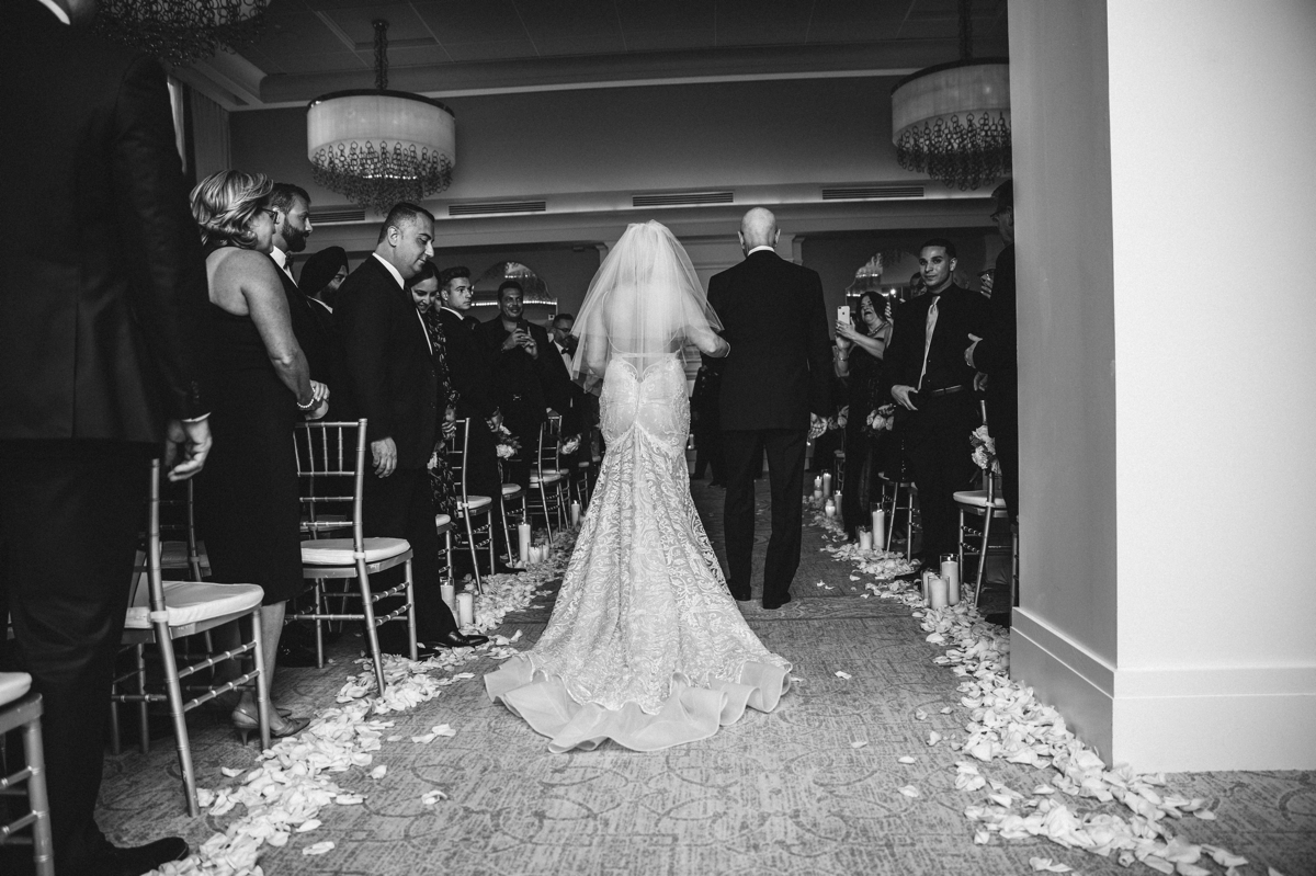 black and white down the aisle bride and father Edgewood Country Club Wedding Blushtones