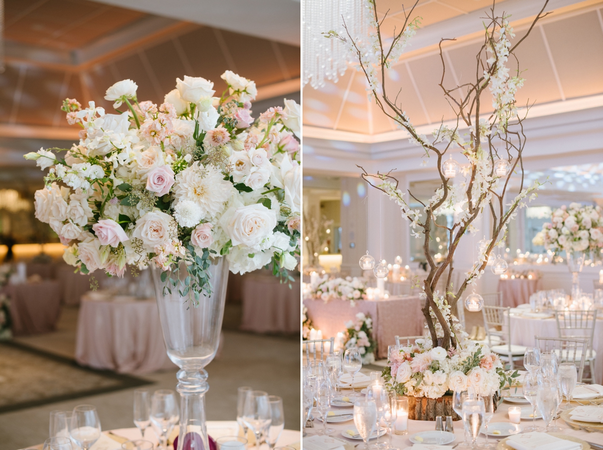 centerpieces flowers trees candles Edgewood Country Club Wedding Blushtones