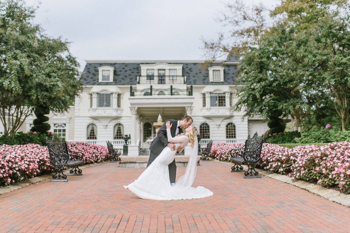 bride and groom dip Ashford Estate Fall Wedding faye and renee florals flowers fountain elegant classic clean and modern estate mansion
