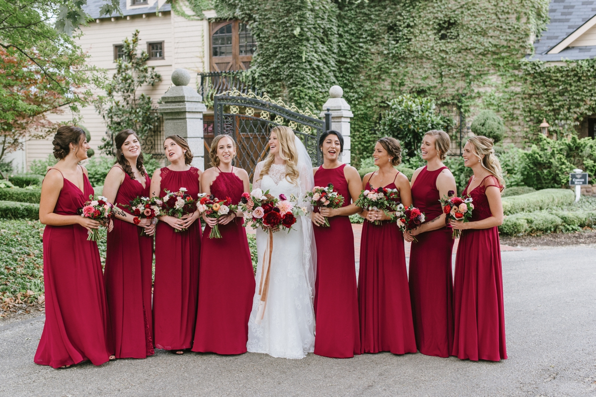 bridal party bridesmaids red and burgundy Ashford Estate Fall Wedding faye and renee florals flowers fountain elegant classic clean and modern estate mansion